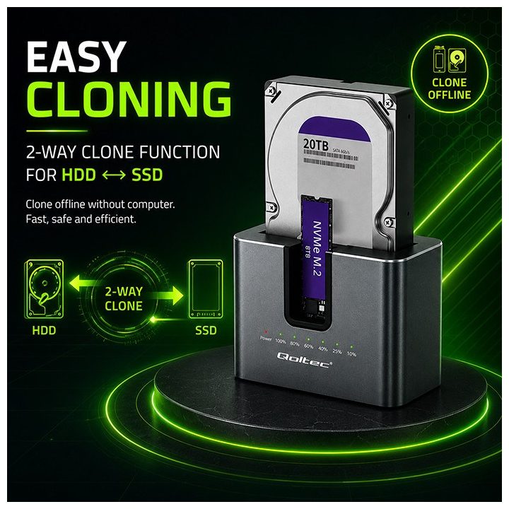 Qoltec 52631 HDD SSD stazione di aggancio | SATA | M.2 NVMe | clonazione | USB-C | 10Gb/s | 28TB