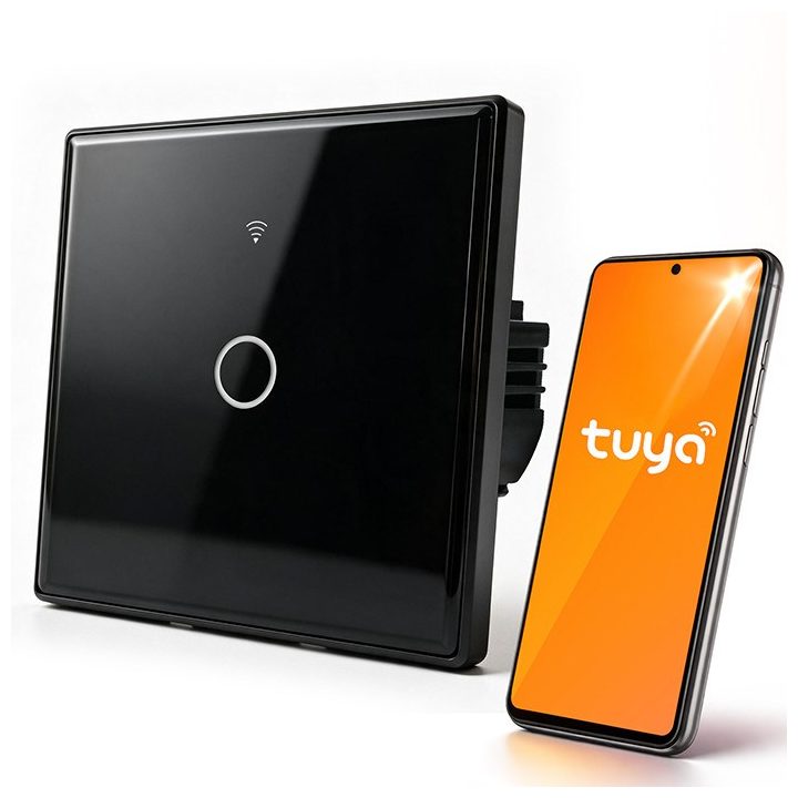 Qoltec 52711 Interruttore luce touch smart 1-Gang | Wi-Fi | Timer | Tuya | Smart Life | Vetro temperato | Nero