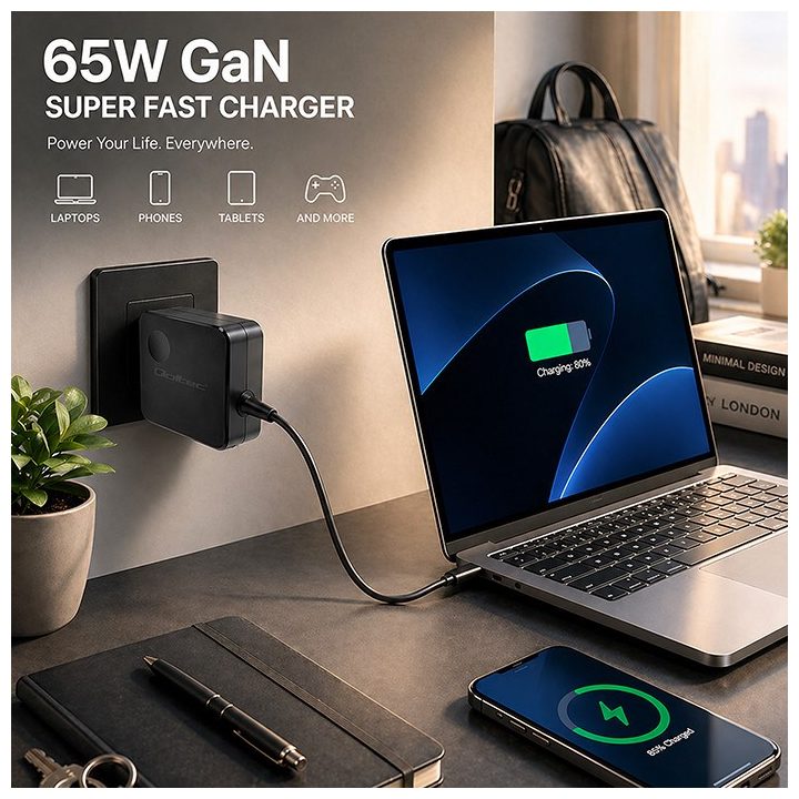 Qoltec 51778 GaN 65W Caricabatterie | 5-21V | 3-3.25A | USB-C PD PPS