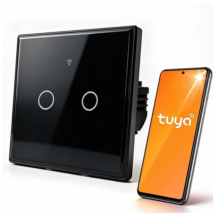 Qoltec 52712 Interruttore luce touch smart 2-Gang | Wi-Fi | Timer | Tuya | Smart Life | Vetro temperato | Nero