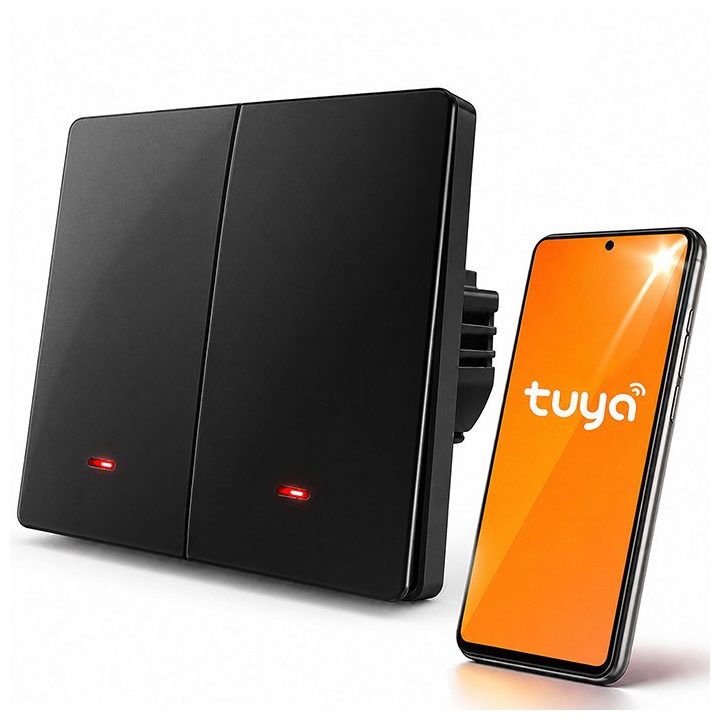 Qoltec 52708 Interruttore luce smart 2-Gang | Wi-Fi | Timer | Tuya | Smart life | Nero