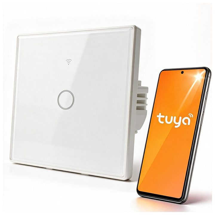 Qoltec 52715 Interruttore luce touch smart 1-Gang | Wi-Fi | Timer | Tuya | Smart Life | Vetro temperato | Bianco