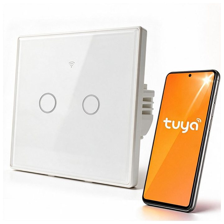 Qoltec 52716 Interruttore luce touch smart 2-Gang | Wi-Fi | Timer | Tuya | Smart Life | Vetro temperato | Bianco