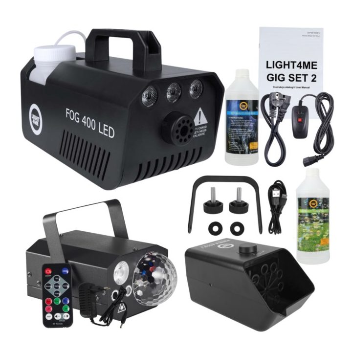 LIGHT4ME GIG Set 2 - set (smoke machine + 1 litre smoke fluid + battery-powered bubble machine + 1 litre bubble fluid + 4-in-1 l