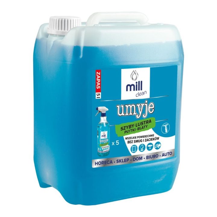 MILL CLEAN CLEANS 5 liters. A liquid cleaner for windows mirrors tiles and countertops. It removes dust and grease stains withou