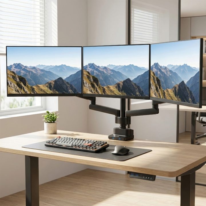 Maclean MC-811 Monitor Bracket Desk Mount Holder For 3 LCD LED Monitors USB 17'' - 27 3 x 7kg VESA