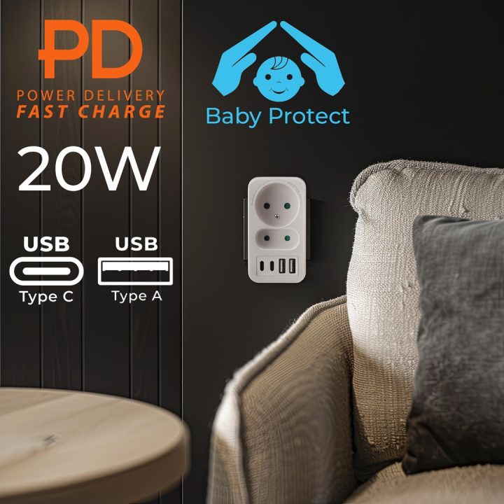 Current socket x2 + 4xUSB Maclean splitter with 2 sockets 2xUSB A 2xUSB C PD 20W 1x16A + 1x6A MCE249 F/W
