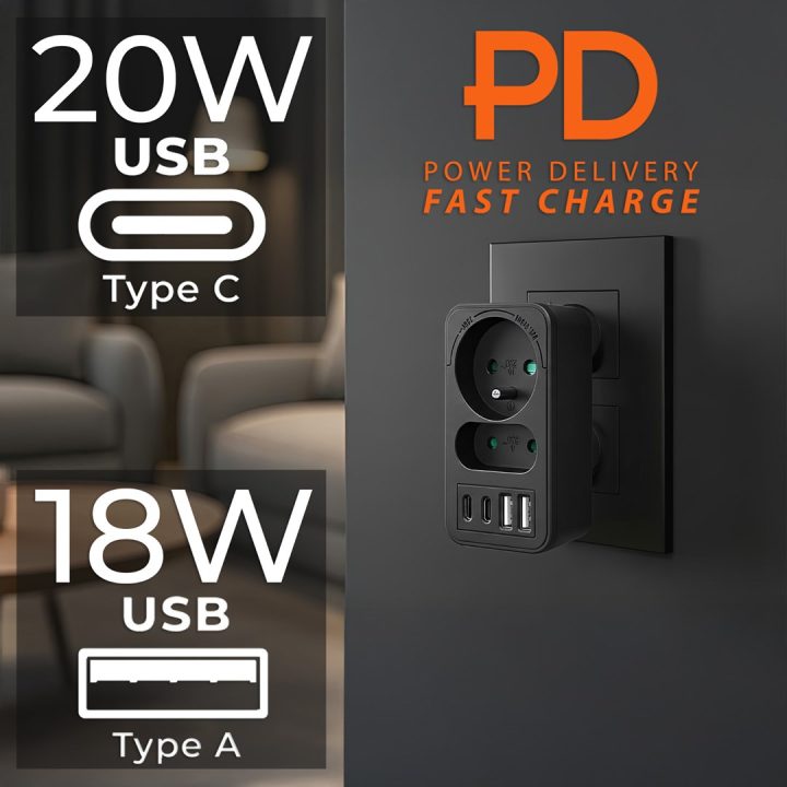 Maclean current socket x2 + 4xUSB splitter with 2 sockets 2xUSB A 2xUSB C PD 20W 1x16A + 1x6A MCE249 F/B