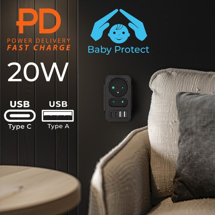 Maclean current socket x2 + 4xUSB splitter with 2 sockets 2xUSB A 2xUSB C PD 20W 1x16A + 1x6A MCE249 F/B