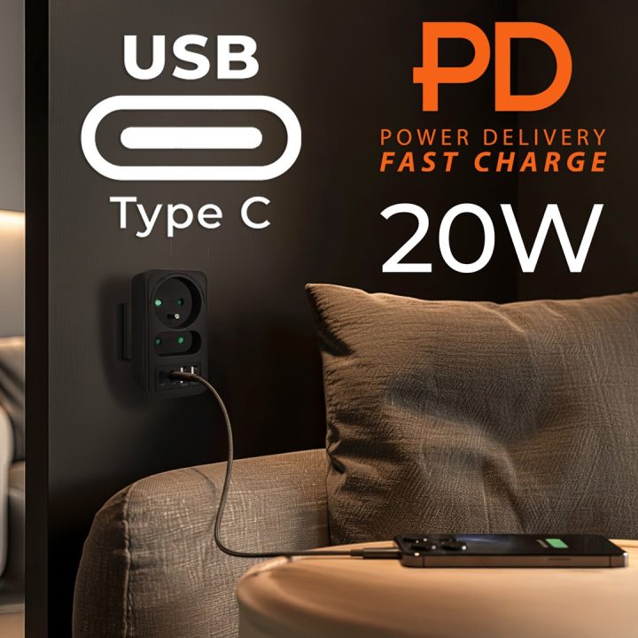 Maclean current socket x2 + 4xUSB splitter with 2 sockets 2xUSB A 2xUSB C PD 20W 1x16A + 1x6A MCE249 F/B