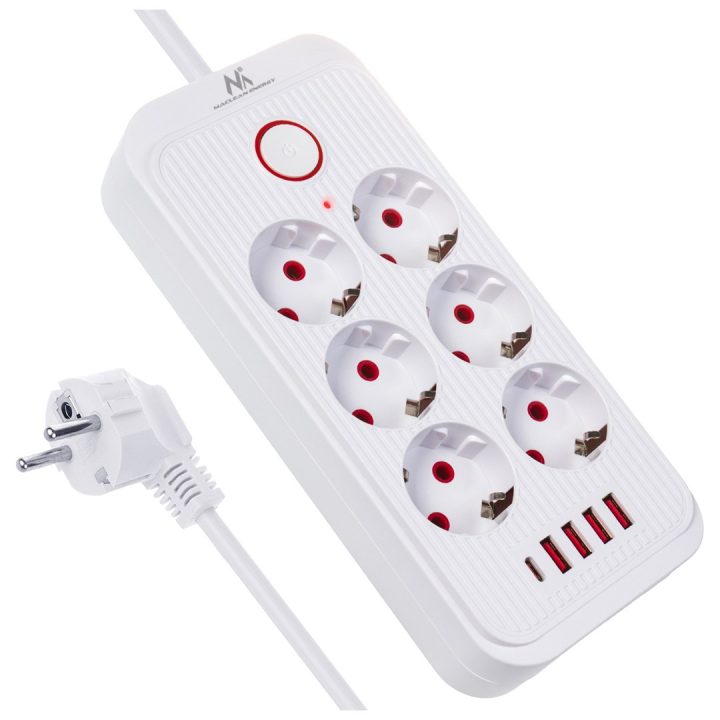 Maclean power strip 6 socket extension + 4xUSB 110-240V AC 50/60Hz 2.1A max 2500W 1.5 m white MCE389 W