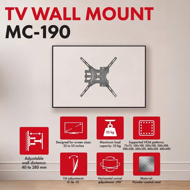 Maclean TV Mount / Bracket max VESA 400x400 32-55 up to 25 kg black tilt adjustment 0°–-15° and swivel adjustment +90°–-90° MC-1