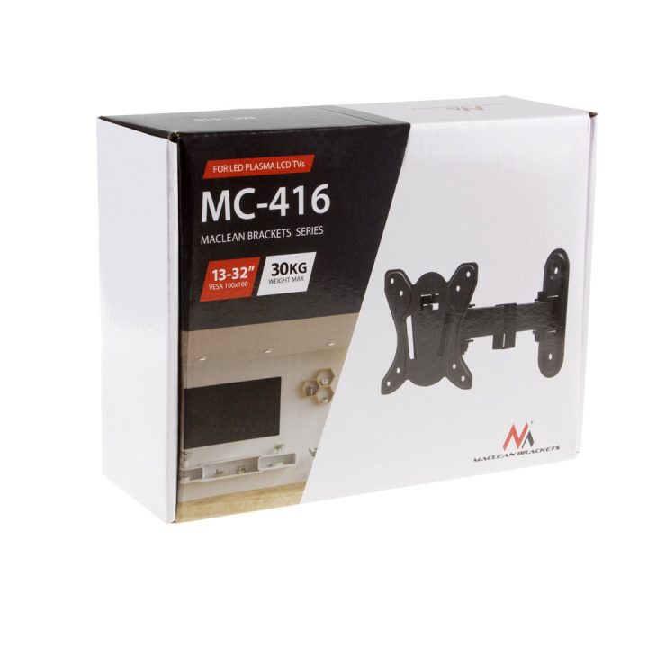 Maclean MC-416 TV Monitor Wall Mount 13 -32 30kg Tilt Rotate max. VESA 100x100 Black Powder Coating LED OLED LCD Universal Brack