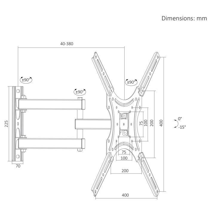 Maclean TV Mount / Bracket max VESA 400x400 32-55 up to 25 kg black tilt adjustment 0°–-15° and swivel adjustment +90°–-90° MC-1