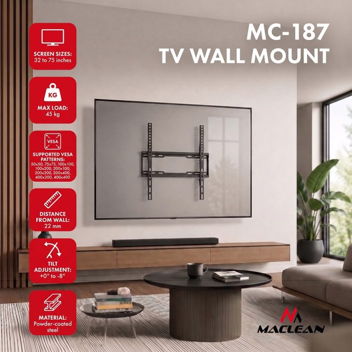 Maclean TV Mount / Bracket max VESA 400x400 32-75 up to 45 kg black tilt adjustment 0°–8° MC-187