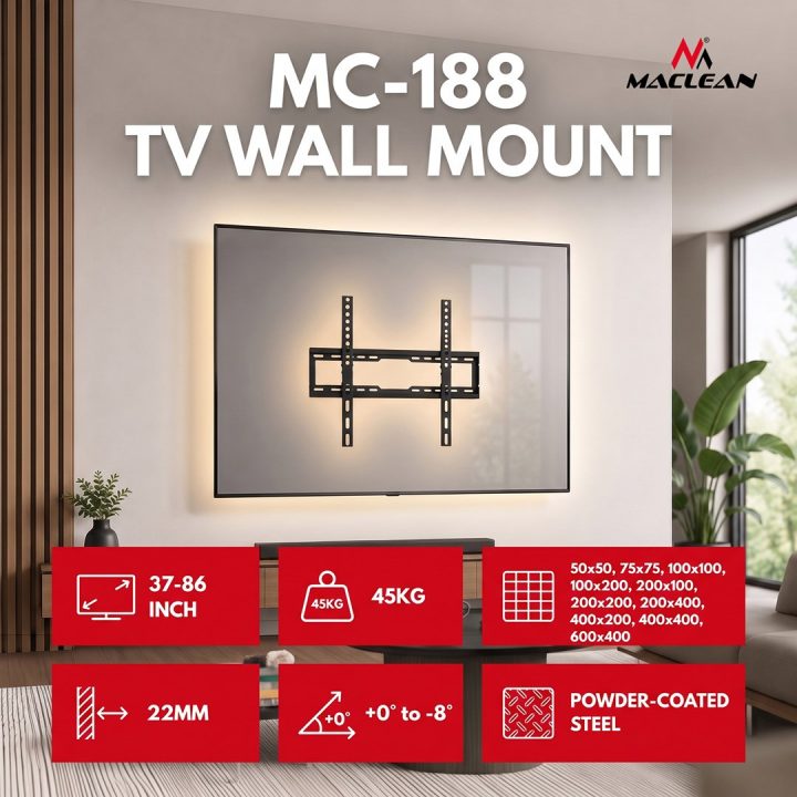 Maclean TV Mount / Bracket max VESA 600x400 37-86 up to 45 kg black tilt adjustment 0°–8° MC-188