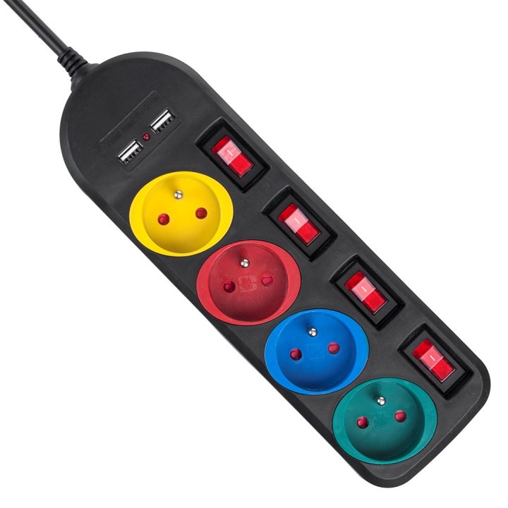 Maclean power strip 4-socket extension cable + 2xUSB with switches 250VAC/10A 2.1A 5V 1.5m black MCE229 B