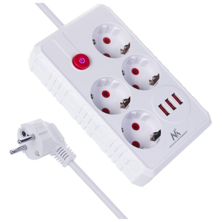 Maclean power strip 4-socket extension cable + 3xUSB 110-240V AC 50/60Hz 2.1A max 2500W 3m white MCE393 W