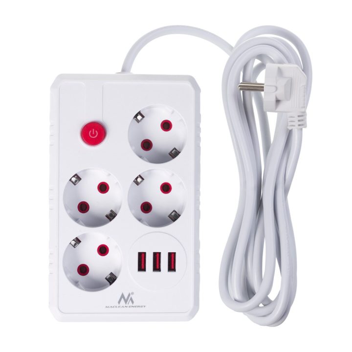 Maclean power strip 4-socket extension cable + 3xUSB 110-240V AC 50/60Hz 2.1A max 2500W 3m white MCE393 W
