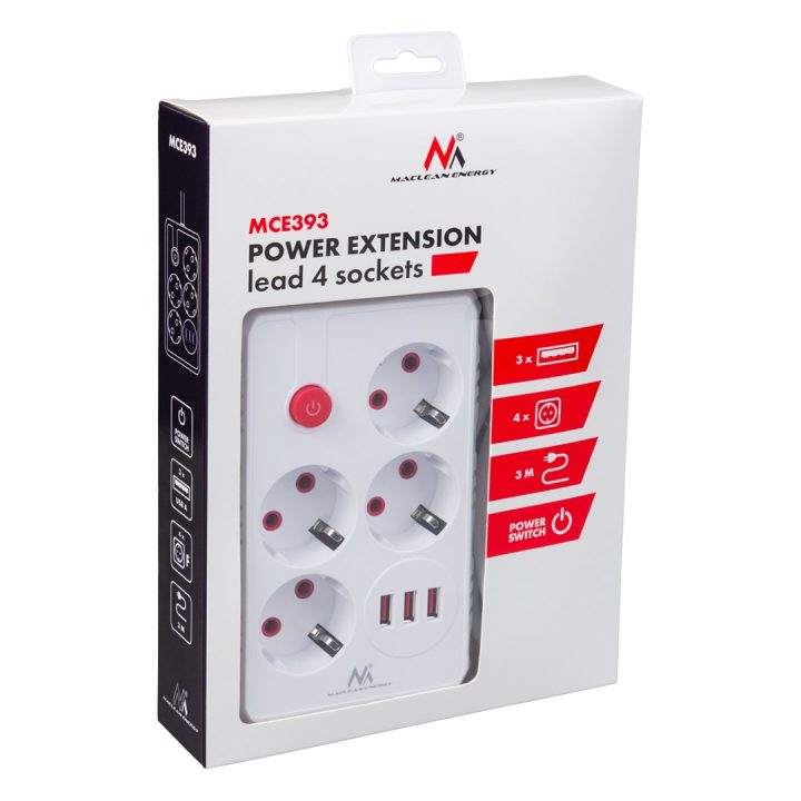Maclean power strip 4-socket extension cable + 3xUSB 110-240V AC 50/60Hz 2.1A max 2500W 3m white MCE393 W