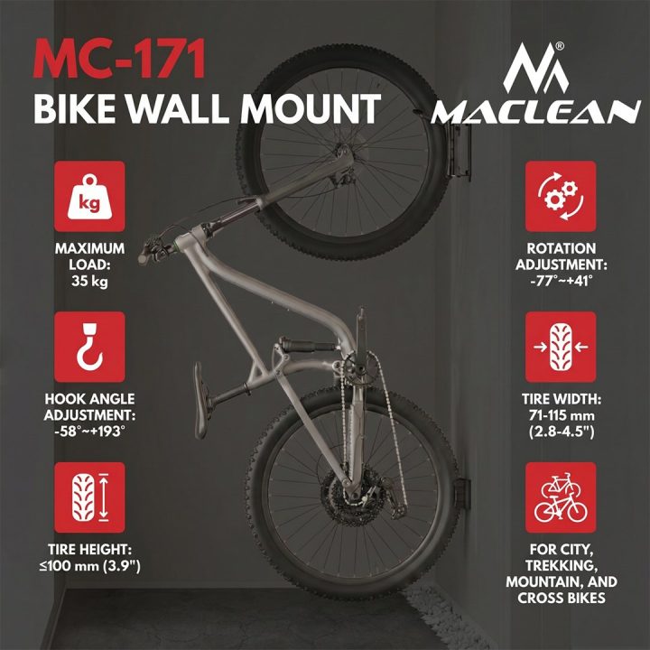 Maclean Wall-Mounted Bike Rack / Hanger max. load 35 kg adjustable tilt angle steel MC-171