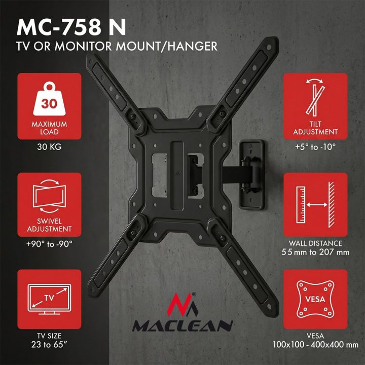 Maclean TV or Monitor Mount / Bracket max. 23–65 max. load 30 kg universal max. VESA 400x400 MC-758 N