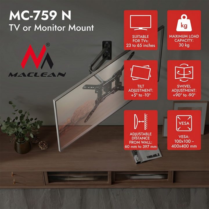 Maclean TV or Monitor Mount / Bracket max. 23–65 max. load 30 kg universal max. VESA 400x400 MC-759 N