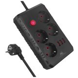 Maclean power strip 4-socket extension cable + 3xUSB 110-240V AC 50/60Hz 2.1A max 2500W 3m black MCE393 B