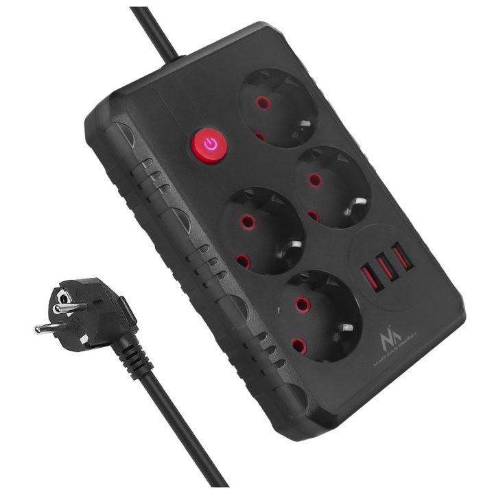 Maclean power strip 4-socket extension cable + 3xUSB 110-240V AC 50/60Hz 2.1A max 2500W 3m black MCE393 B