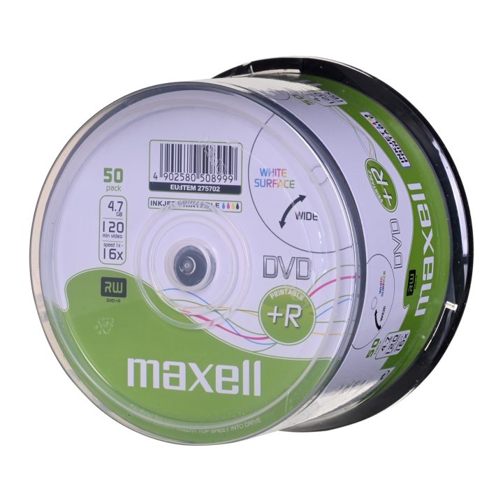 MAXELL Disco DVD+R 4.7GB 50 pz. in confezione a torta (pindel). Velocità di scrittura 16X 120 min. Piastre per stampa a getto d'
