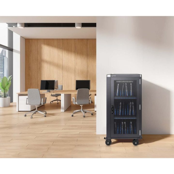 Manhattan Laptop Charging Cabinet Trolley/Cart via USB-C 65W 16 30-bay Suitable for USB-C laptops (to 16 ) iPads MacBooks Chrome