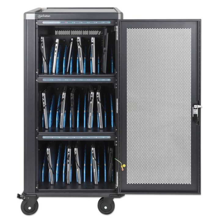 Manhattan Laptop Charging Cabinet Trolley/Cart via USB-C 65W 16 30-bay Suitable for USB-C laptops (to 16 ) iPads MacBooks Chrome