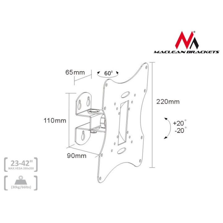 Maclean MC-501A Universal Wall TV Bracket 23-42 uo to 30kg vesa 200x200 Black