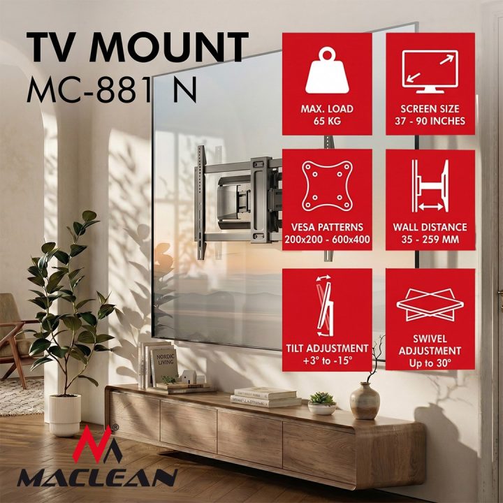 Maclean TV Mount / Bracket max. VESA 600x400 37-90 max. load 65 kg black MC-881 N