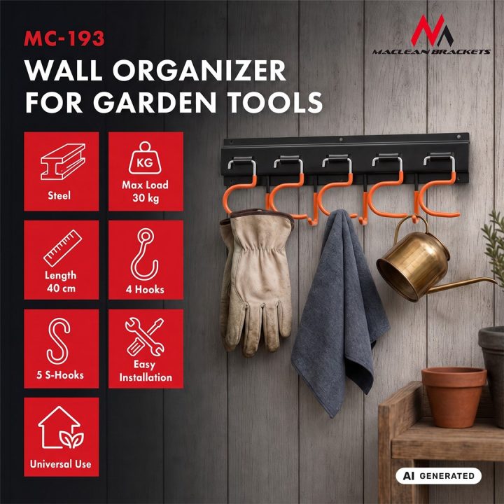 Maclean Wall-Mounted Garden Tool Organizer steel with hooks max. load 30 kg width 40 cm MC-193