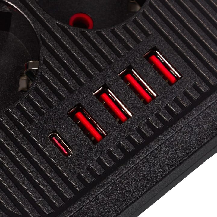 Maclean power strip 6 socket extension + 4xUSB 110-240V AC 50/60Hz 2.1A max 2500W 1.5 m black MCE389 B