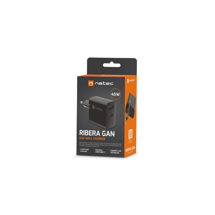 NATEC RIBERA GAN CHARGER 1x USB-A + 1x USB-C 45W BLACK