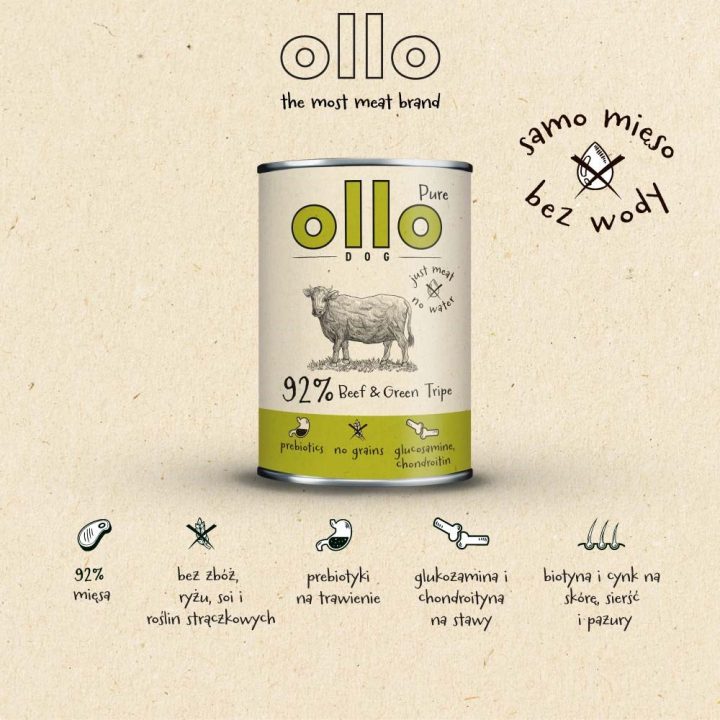 OLLO Pure Beef and Green tripe - wet dog food - 850g