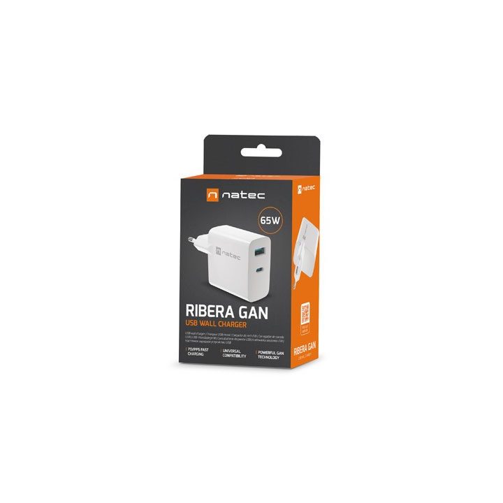 NATEC RIBERA GAN CHARGER 1x USB-A + 1x USB-C 65W WHITE