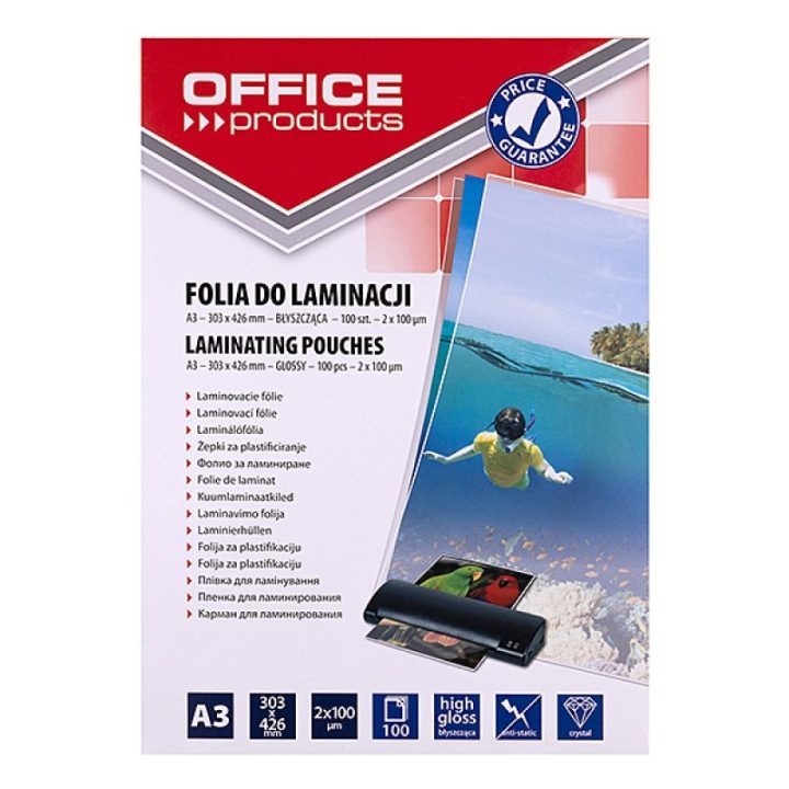 OFFICE PRODUCTS Laminating film A3 2x100 microns glossy 100 sheets transparent