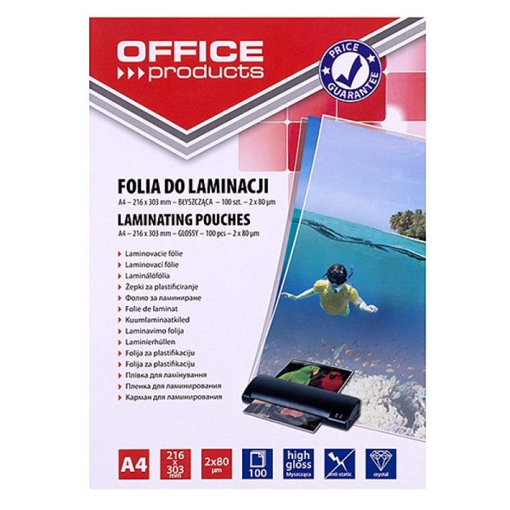 OFFICE PRODUCTS Laminating film A4 2x80 microns glossy 100 sheets transparent