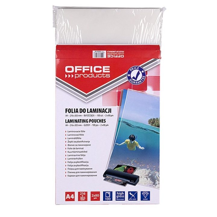 OFFICE PRODUCTS Laminating film A4 2x80 microns glossy 100 sheets transparent