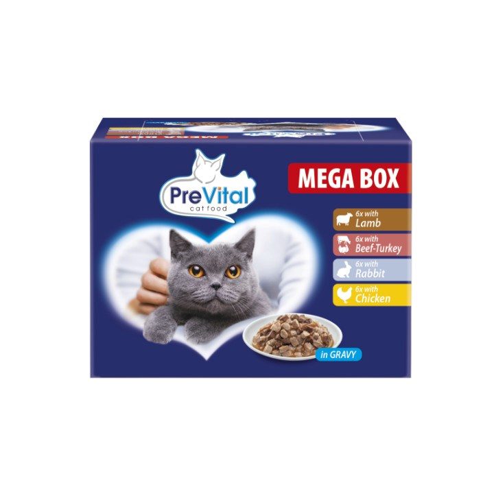 PREVITAL Cat Food Megabox with Lamb Beef Rabbit and Chicken in Gravy - Wet Cat Food - 24 x 100g