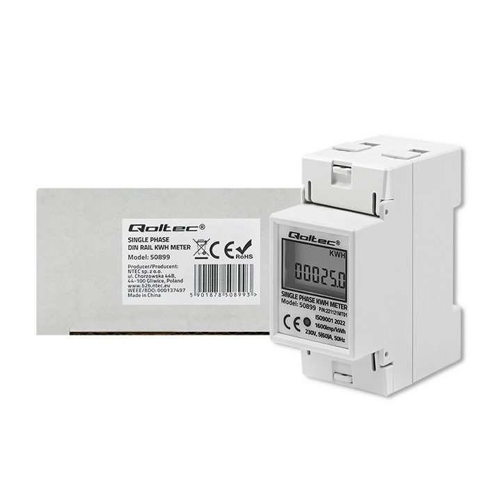 Qoltec 50899 Single phase electronic energy consumption meter | 230 V | LCD | 2P | DIN rail