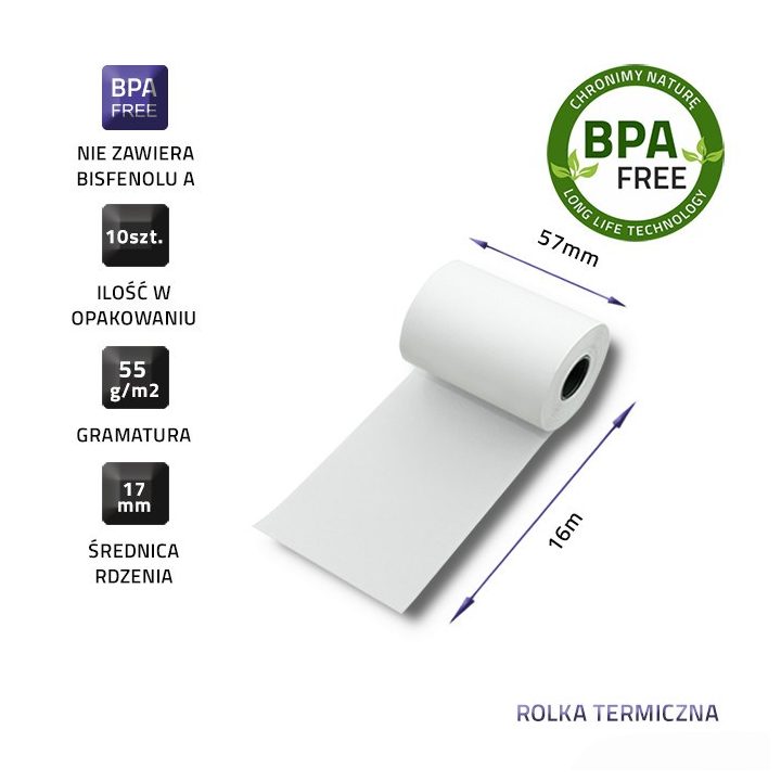 Qoltec 51899 Thermal roll 57 x 16 | 55g / m2 | 10 pcs. | BPA free