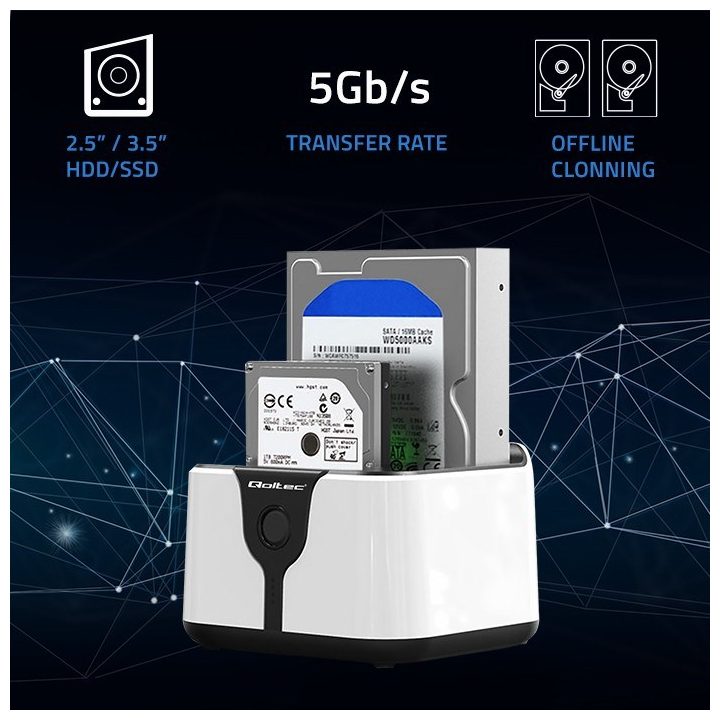 Qoltec 50309 HDD SSD 2.5 3.5 docking station | SATA III | USB 3.0 | Super speed 5Gb/s | with Clonning function