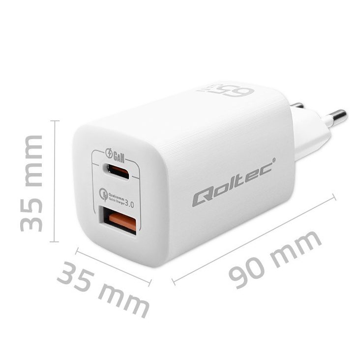 Qoltec 50765 mobile device charger Laptop Portable gaming console Power bank Smartphone Smartwatch Tablet White AC Fast charging