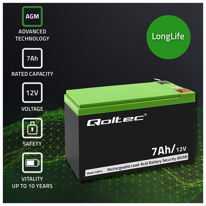 Qoltec 53076 AGM battery | 12V | 7Ah | Security