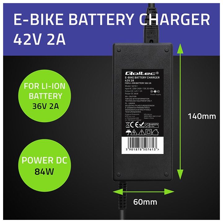 Qoltec 50761 Charger for e-bike batteries 36V | 42V | 2A | 5.5*2.5