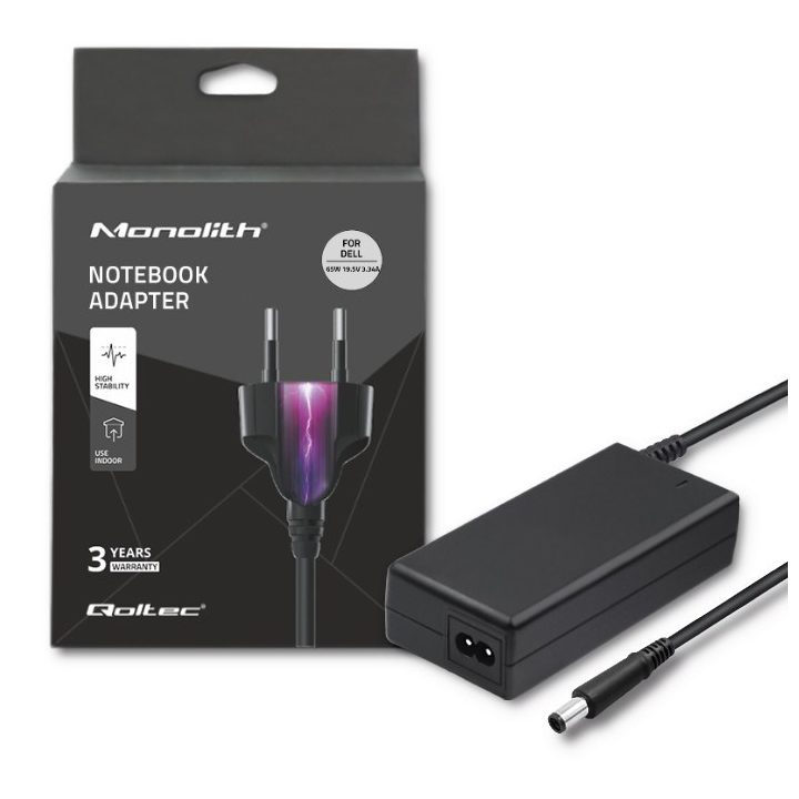 Qoltec 51519.65W Power adapter for Dell | 65W | 19.5V | 3.34A | 7.4*5.0+pin | +power cable
